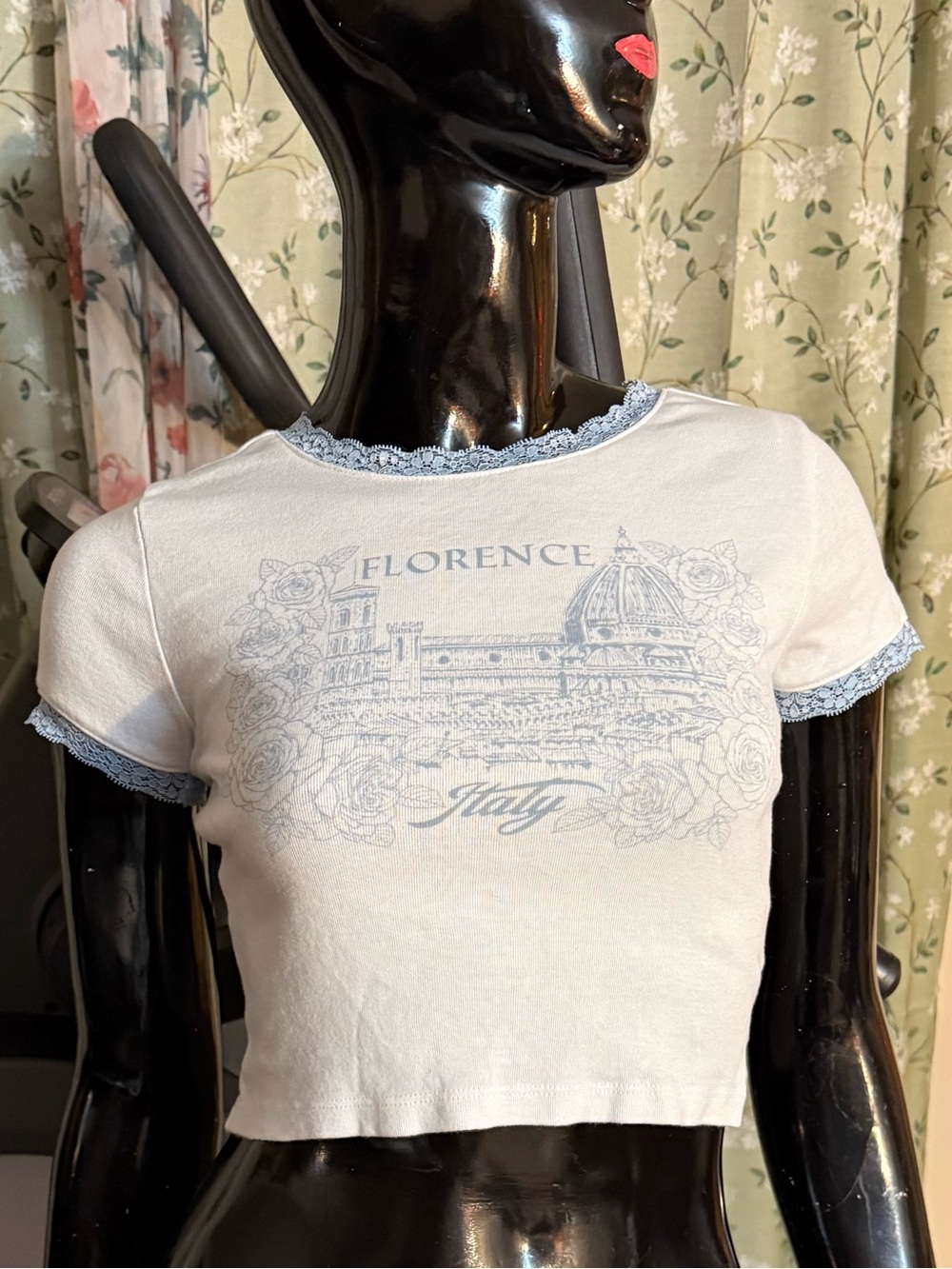 Florence Graphic Lace-Trim Crop Top - White with Light Blue Trim